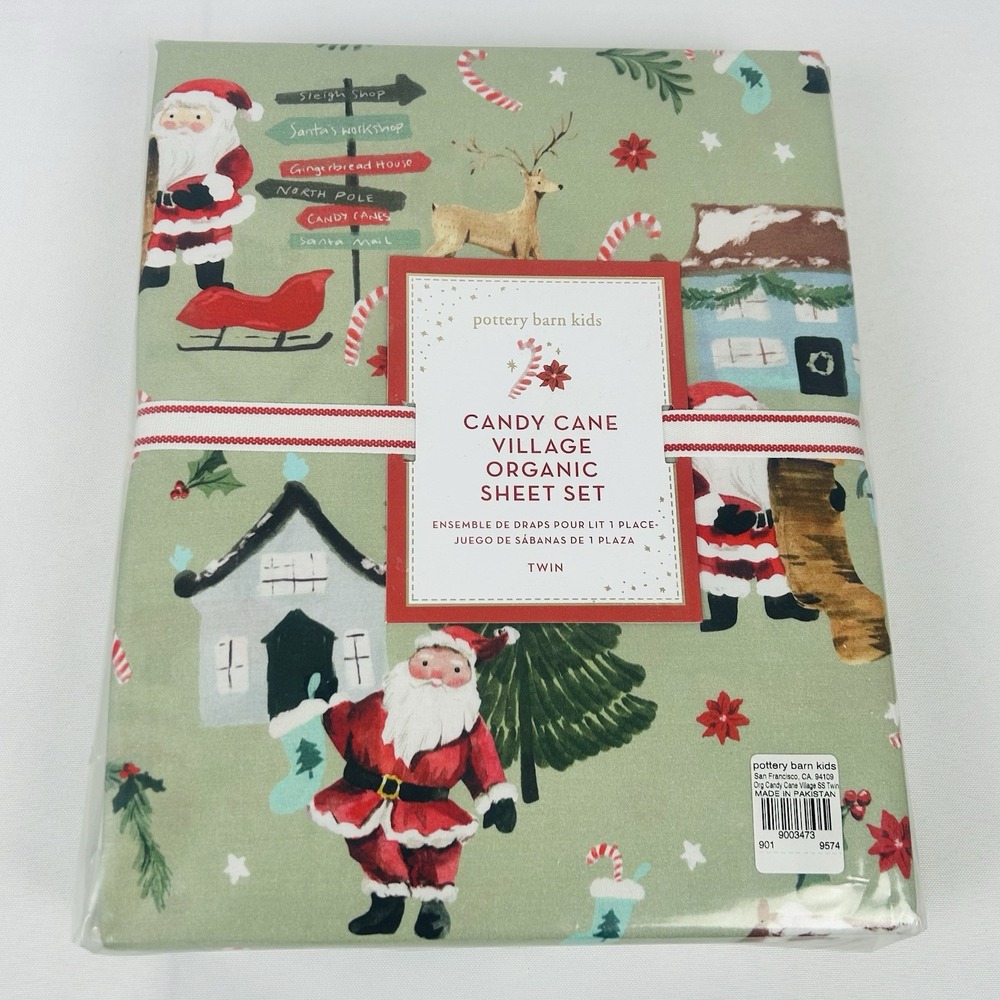 Pottery Barn Kids Candy Cane Holiday Village Twin Set Organic Sheets NEW